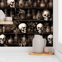 Gothic Sepia Brown and Black Apothecary Skulls Bottles on Shelves with Spooky Halloween Plants -Macabre Haunted House Vibes