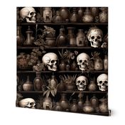 Gothic Sepia Brown and Black Apothecary Skulls Bottles on Shelves with Spooky Halloween Plants -Macabre Haunted House Vibes