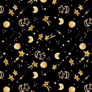 Ditsy Gold Moon and Stars on Black
