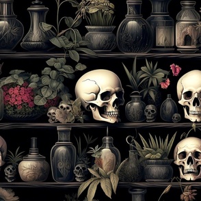 Gothic Green Apothecary Skulls Bottles on Shelves with Spooky Halloween Plants -Macabre Haunted House Vibes Large Scale