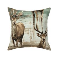 Rustic Deer Buck Stag Head On Weathered Blue, Sand Taupe, Beige, and White Painted Wood, Lodge Cabin, Western, Wildlife, Nature-Inspired