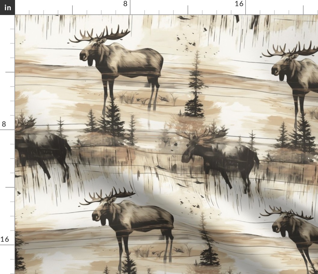 Rustic Moose on Distressed Painted Barnwood: Sepia Brown Woodland Cabin Lodge Western Wildlife Animal- Textile or Wallpaper Design