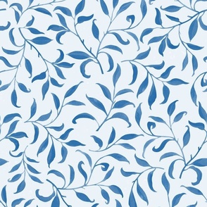 Arts and crafts watercolor foliage on pale blue in galactic cobalt blue  monochrome hues fabric