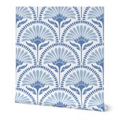 Art Deco Scallop with simple Daisy Floral in a Galactic Cobalt blue and white monochrome palette large scale