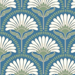 Art Deco Scallop with simple Daisy Floral in soft green, natural white on ocean blue large scale