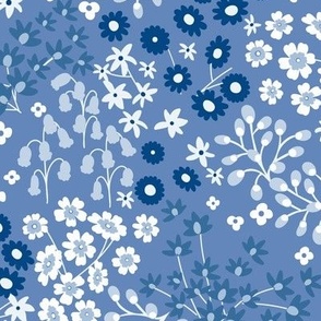 Happy Indie garden flowers in soft galactic cobalt blue and white shades large scale