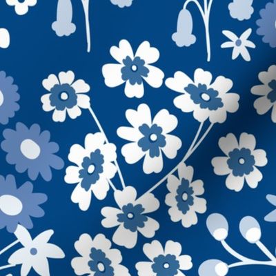 Blue and white floral seamless design large scale with galactic cobalt blue