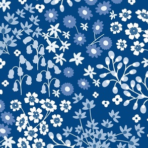 Blue and white floral seamless design large scale with galactic cobalt blue