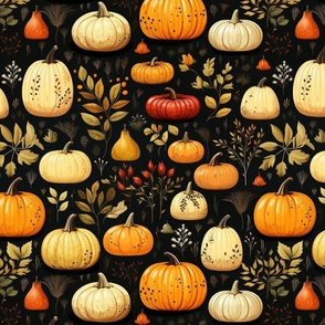 Fall Autumn Orange White Pumpkins on Black Halloween Thanksgiving Halloween Country Farmhouse