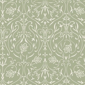 damask 02 - creamy white _ light sage green - traditional wallpaper