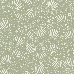 fronds and flowers - creamy white _ light sage green - small scale micro ditsy floral
