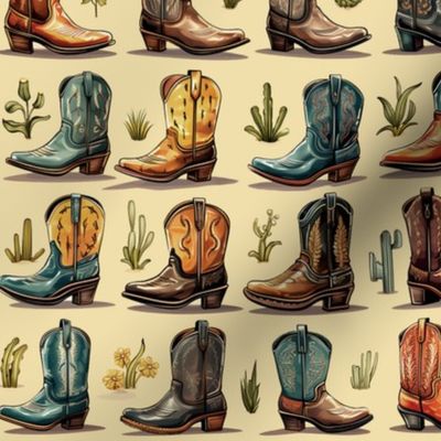 Western Cowboy Boots and Cactus - Rustic Southwest Desert Country Decor on Yellow Cream Background