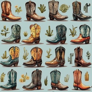 Western Cowboy Boots and Cactus - Rustic Southwest Desert Country Decor on Baby Blue Pastel Background