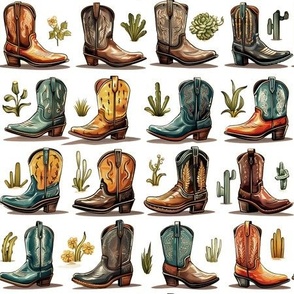 Western Cowboy Boots and Cactus - Rustic Southwest Desert Country Decor on White Background