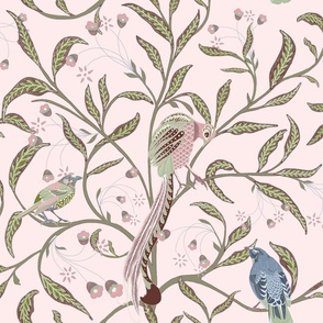 Chinoiserie Birds in Eucalypt tree, leaves, flowers, Pink, Sage Green, jumbo