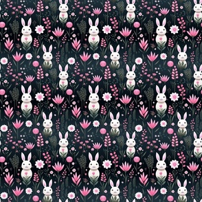 Cute White Bunny Rabbits in Barbiecore Pink Field Flowers Daisies Black Background Little Girls Small Print 