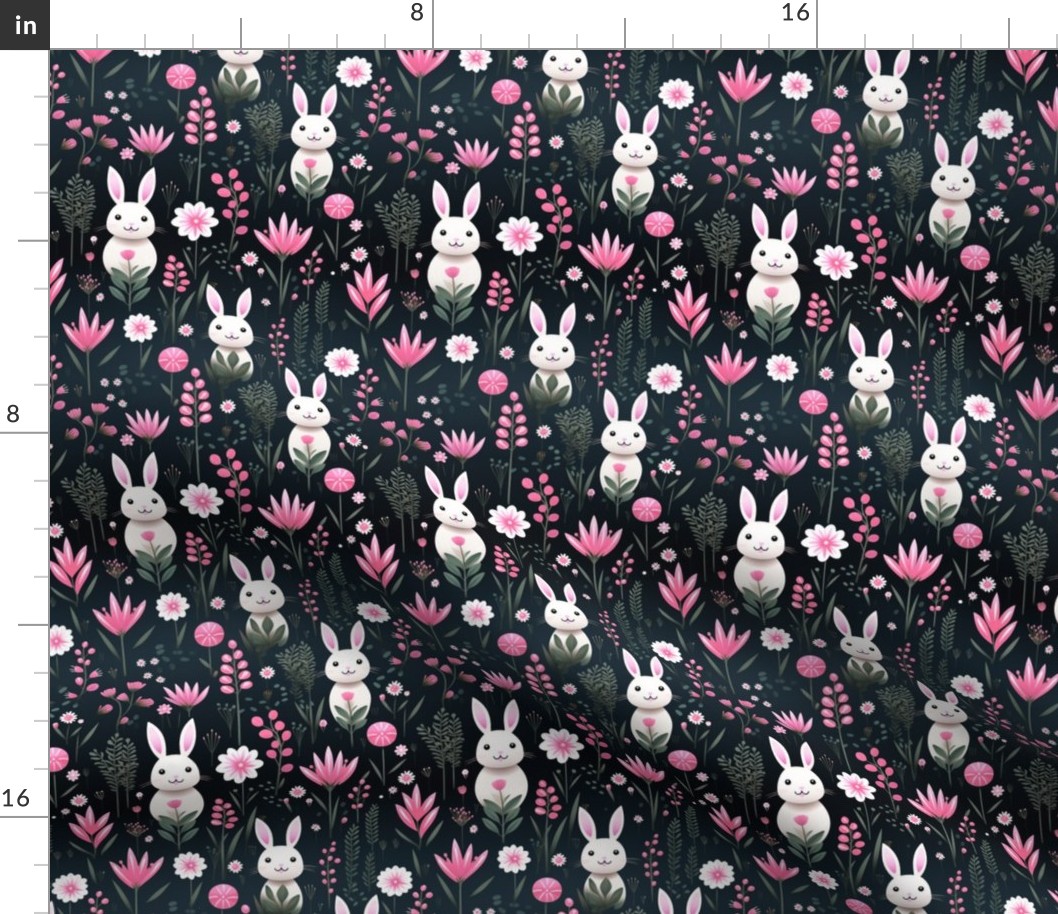 Cute White Bunny Rabbits in Barbiecore Pink Field Flowers Daisies Black Background Little Girls Small Print 