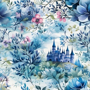 Blue Floral Cinderella Magical Ice Castle Kingdom Wonderland Fairytale Princess Mural Wallpaper Bedding