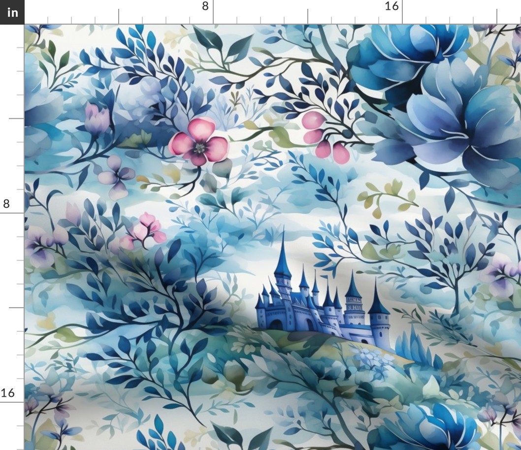 Blue Floral Cinderella Magical Ice Castle Kingdom Wonderland Fairytale Princess Mural Wallpaper Bedding