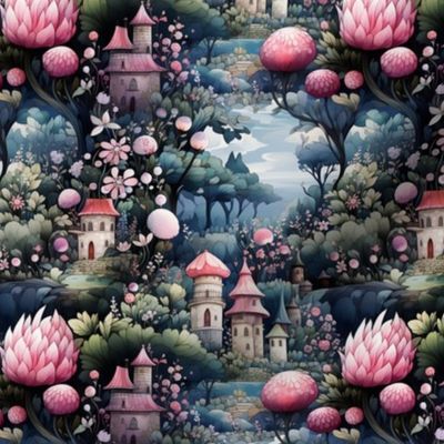 Pink Flower Magical Castle Princess Rapunzel Castle Mural Wonderland Fairytale Floral Little Girls