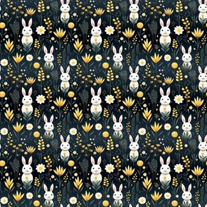  Cute White Bunny Rabbits Yellow Wild Flowers Daisies Black Background Little Girls Small Print 