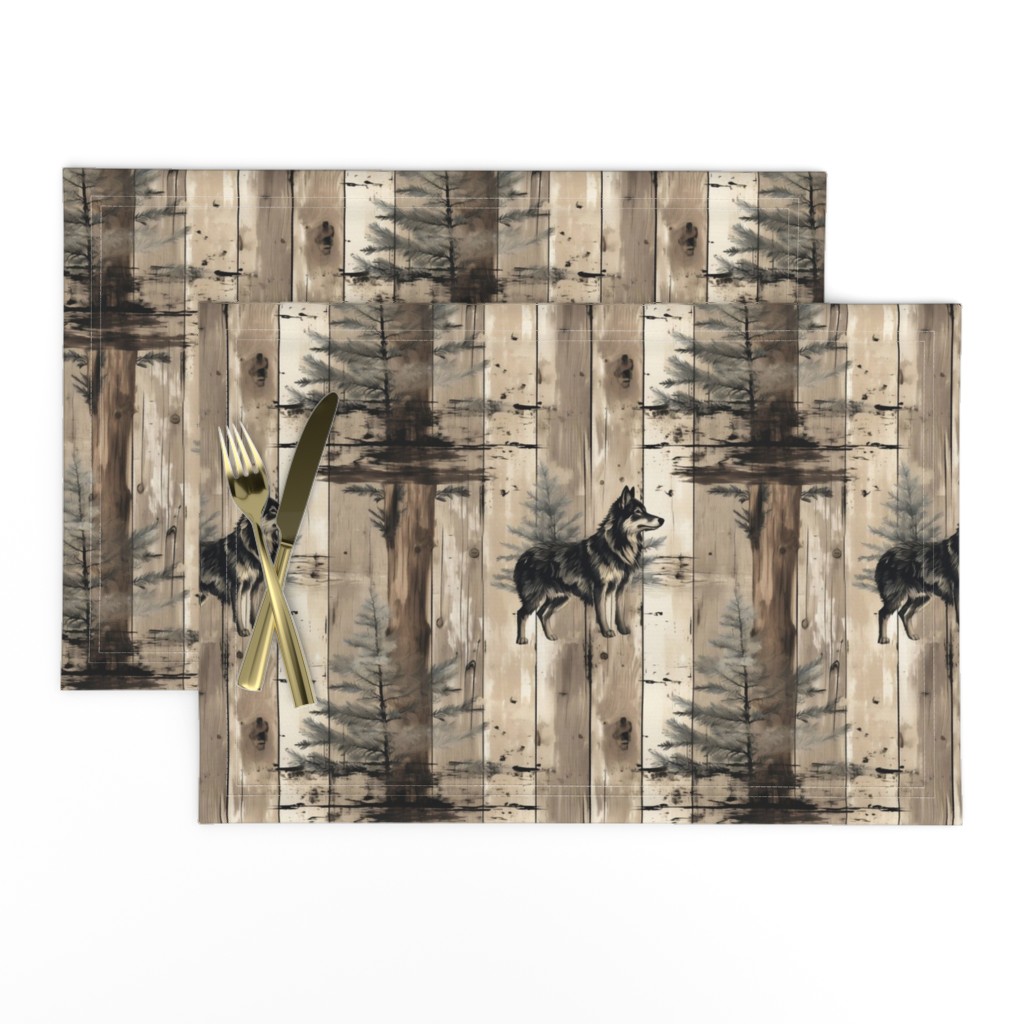 Rustic Lone Wolf on Pine Alder Distressed Board: Pine Tree Watercolor Western Woodland Mountain Animal Fabric