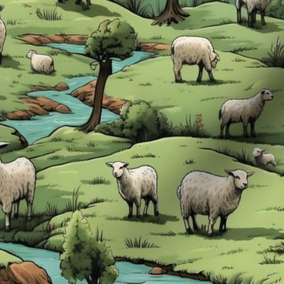  Green Hills: Sheep and Lambs in Pasture - Charming English Countryside Farm Animals, Country Western  Cowboy