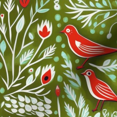 Scandinavian Red Birds on Olive Green Christmas Holiday Festive Block Print Colorful Whimsical Design