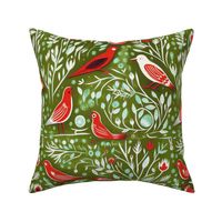 Scandinavian Red Birds on Olive Green Christmas Holiday Festive Block Print Colorful Whimsical Design