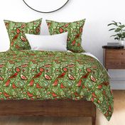 Scandinavian Red Birds on Olive Green Christmas Holiday Festive Block Print Colorful Whimsical Design