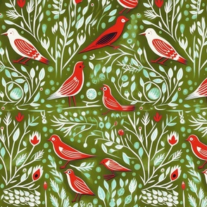Scandinavian Red Birds on Olive Green Christmas Holiday Festive Block Print Colorful Whimsical Design