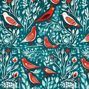 Scandinavian Bright Red Birds on Teal Blue Christmas Holiday Festive Block Print Colorful Whimsical Design