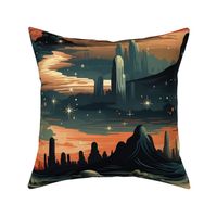 Poster Style Southwest Desert Landscape Night Moon and Stars Rust and Teal Western Arizona Mural Large Design
