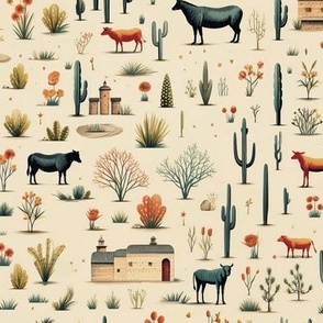 Western Cattle Steer Ranch Old West Southwest Desert Country Cactus Orange Blue Accents