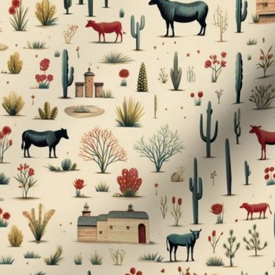 Western Cattle Steer Ranch Southwest Desert Country Cactus Red Blue Accents Sante Fe Austin