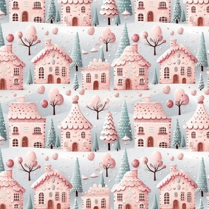 Pastel Pink Cute Gingerbread Christmas Holiday Houses Confectionaries Pastel Blue Frosting Whimsical