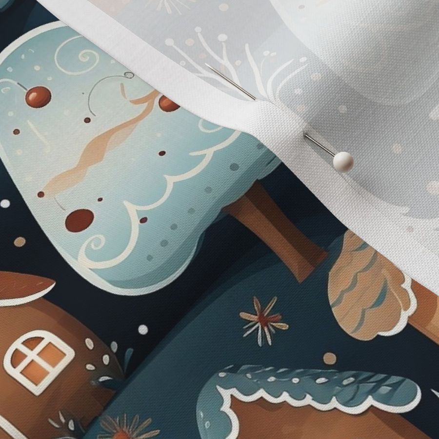 Gingerbread House Cookie Village Christmas Brown Pastel Blue Holiday Fabric Festive Whimsical