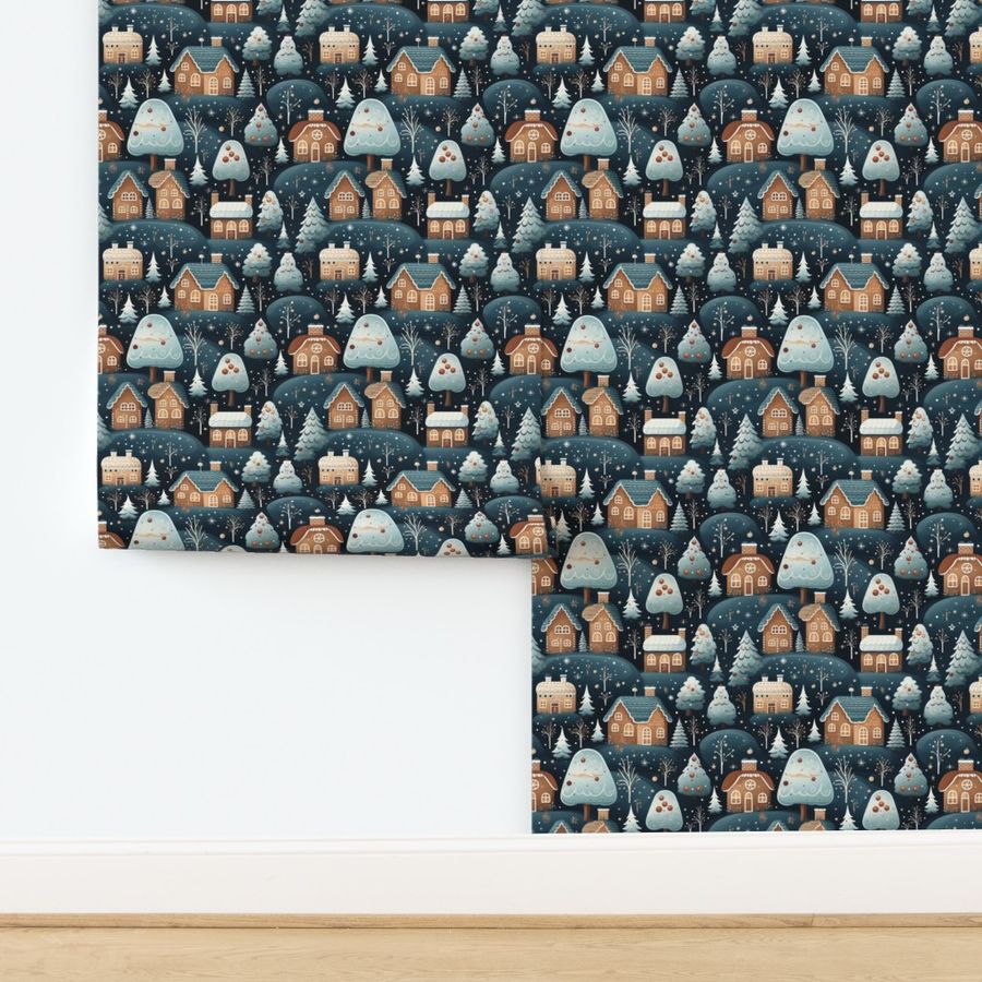 Gingerbread House Cookie Village Christmas Brown Pastel Blue Holiday Fabric Festive Whimsical