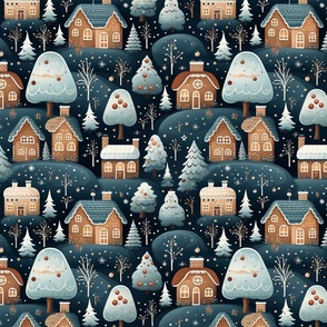 Gingerbread House Cookie Village Christmas Brown Pastel Blue Holiday Fabric Festive Whimsical