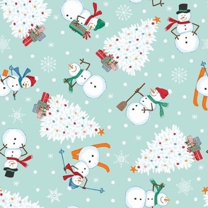 Winter seasonal landscape with snowmen and trees / mint green SMALL