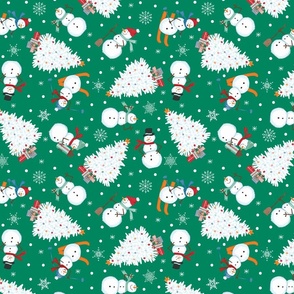 Winter seasonal landscape with snowmen and trees / emerald green SMALL