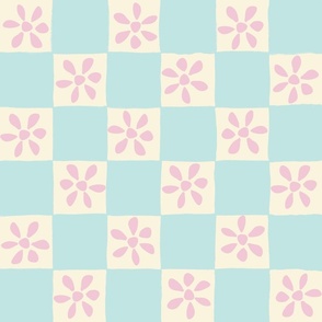 Blue and cream checkerboard and pink flowers