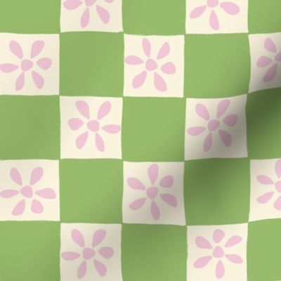 Green and pink checkerboard and flowers 