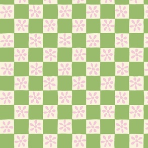 Green and pink checkerboard and flowers 