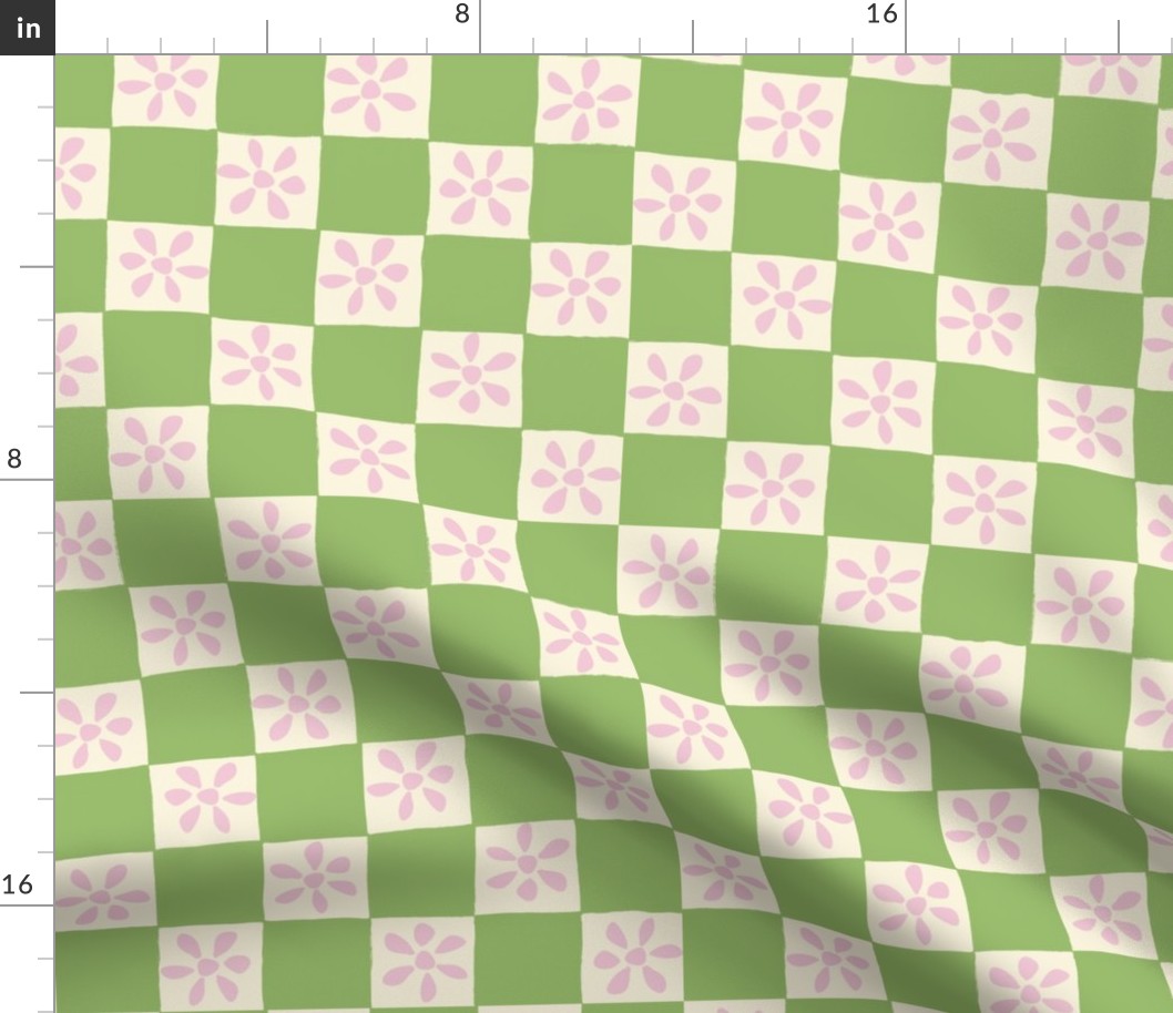 Green and pink checkerboard and flowers 