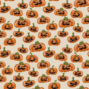 Cute and spooky Halloween Pumpkins on off white background.