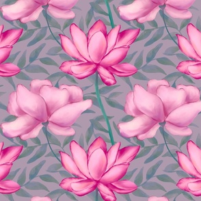 Pink Flowers on a Mauve pink and Green Leaves background