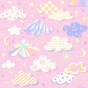 (L) pink pastel clouds sky checker board moons eyes, hearts moons  stars