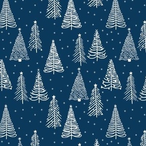 White Winter Christmas trees on Navy with stars snowflakes and decorations - SMALL SCALE