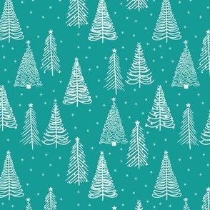 White Winter Christmas trees on Aqua Blue with stars snowflakes and decorations - SMALL SCALE